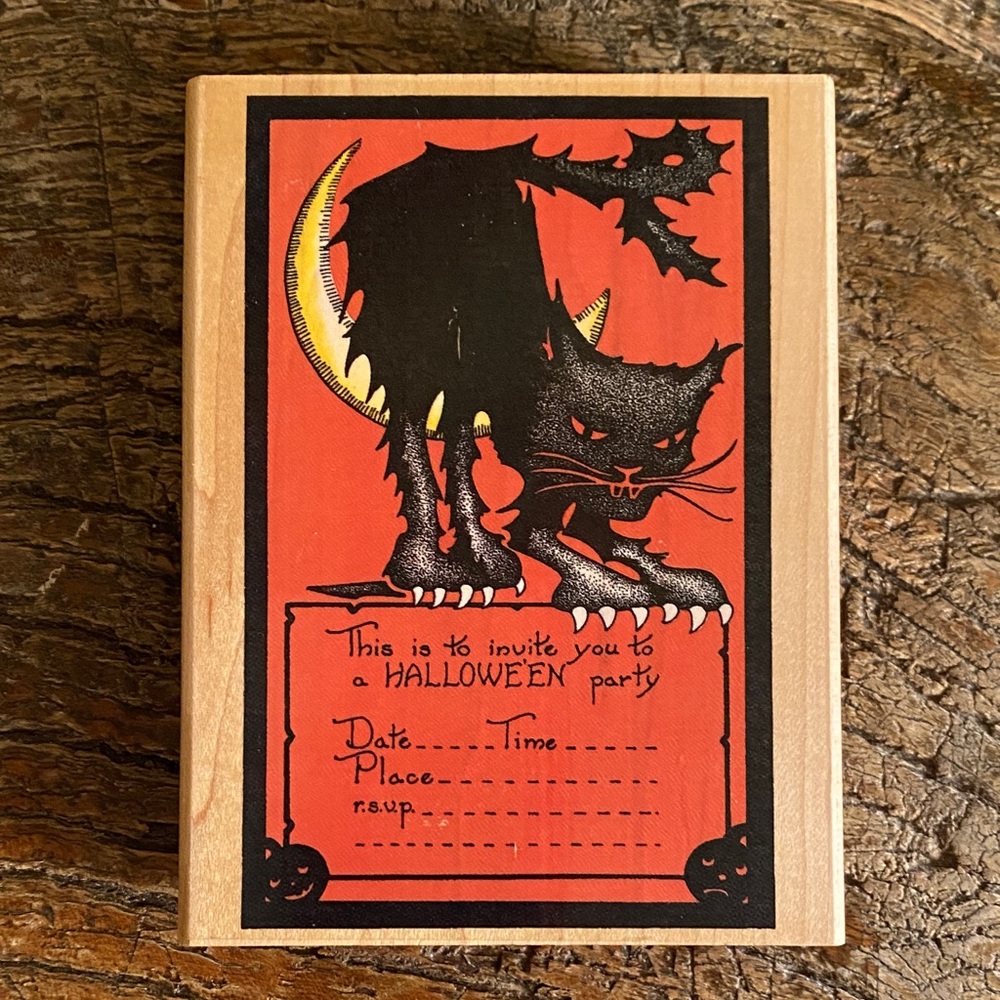 🌙🐈‍⬛Vintage🌙🐈‍⬛Halloween Party Invitation Wood Block Rubber Stamp